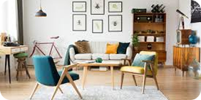 Modern living room with stylish furnitures and home appliances with couch and décor